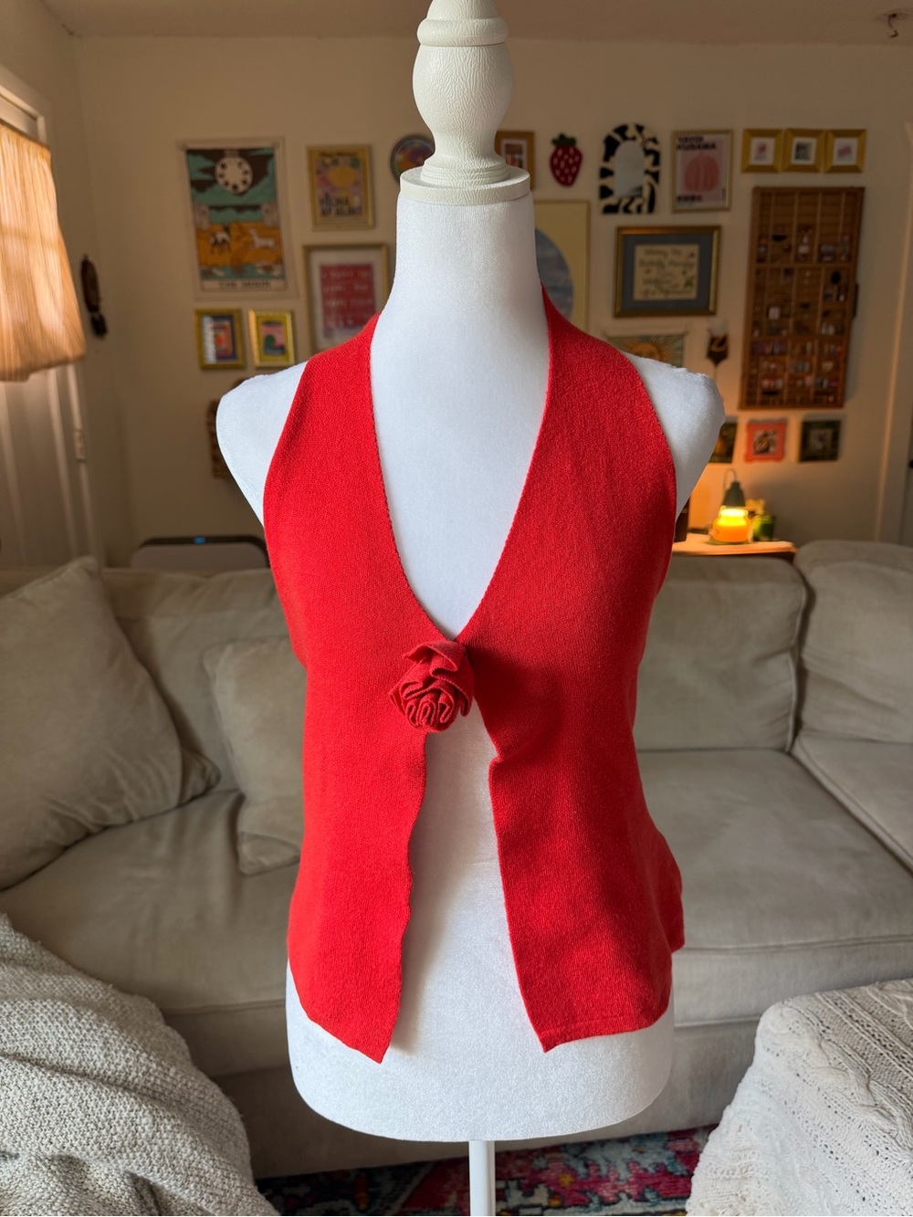 Musera Red Open Front Tank Top Halter-Neck with Rose Detail Size Medium